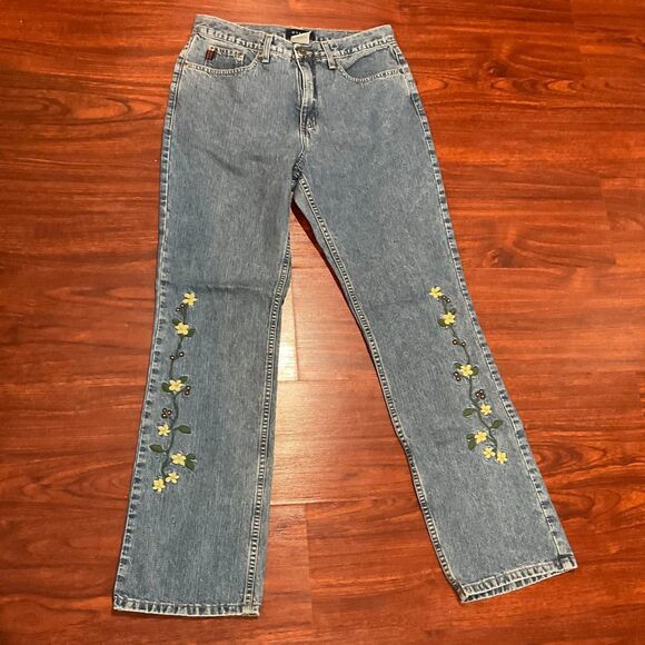Vintage Y2K Guess Embroidered Mid Rise Wide Leg Jeans Size 28 Made in USA Cotton - Picture 1 of 16